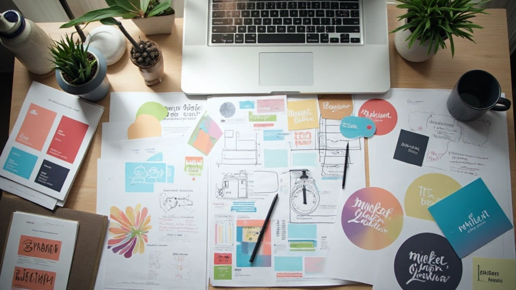 Professioneel bureau met merkidentiteitselementen, kleurenpalet en logo's op het bureau