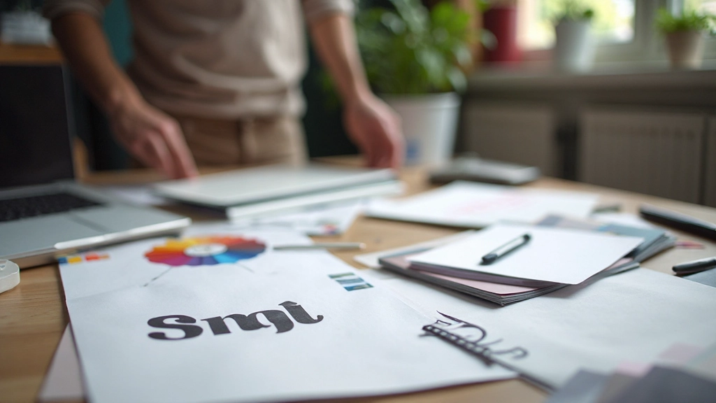 Merkidentiteit elementen: logo, kleuren en typografie op een ontwerp bord