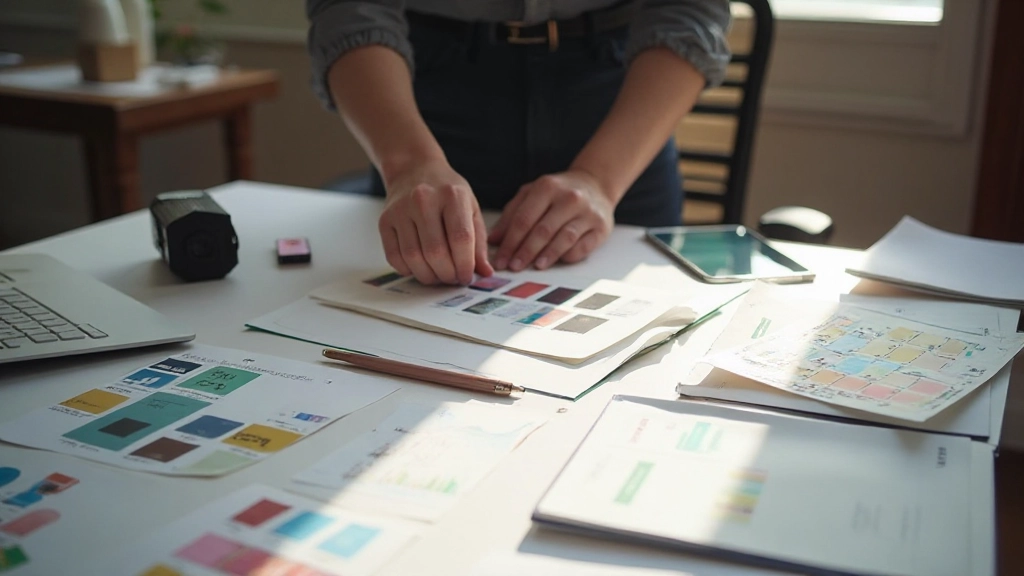 Creatief bureau met kleurenpalet, designdocumenten en branding materialen op een werkblad