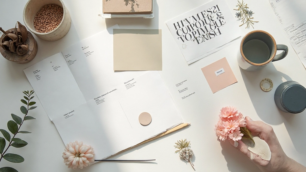 Merkidentiteit elementen op moodboard - logo's, kleurenpalet en typografie