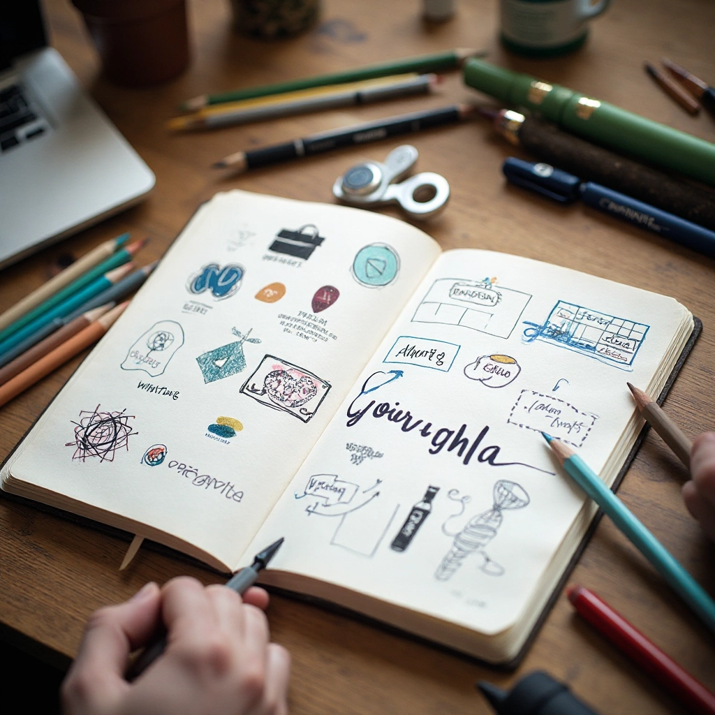 Schetsboek met logo ontwerpen, merkidentiteit schetsen en typografische variaties